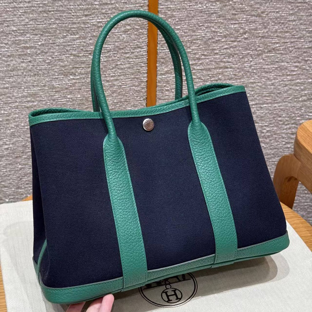 Hermes Garden Party 30 Bag Handmade In Negonda Calfskin Leather And Canvas Silver Hardware 78 Blue Marine U4 Very Vertigo - Image 2