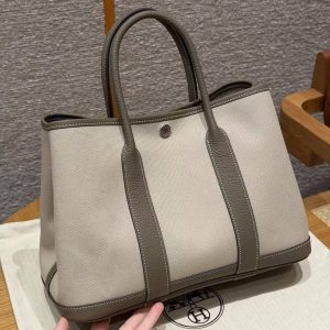 Hermes Garden Party 30 Bag Handmade In Negonda Calfskin Leather And Canvas Silver Hardware 8L Beton 18 Etoupe - Image 2