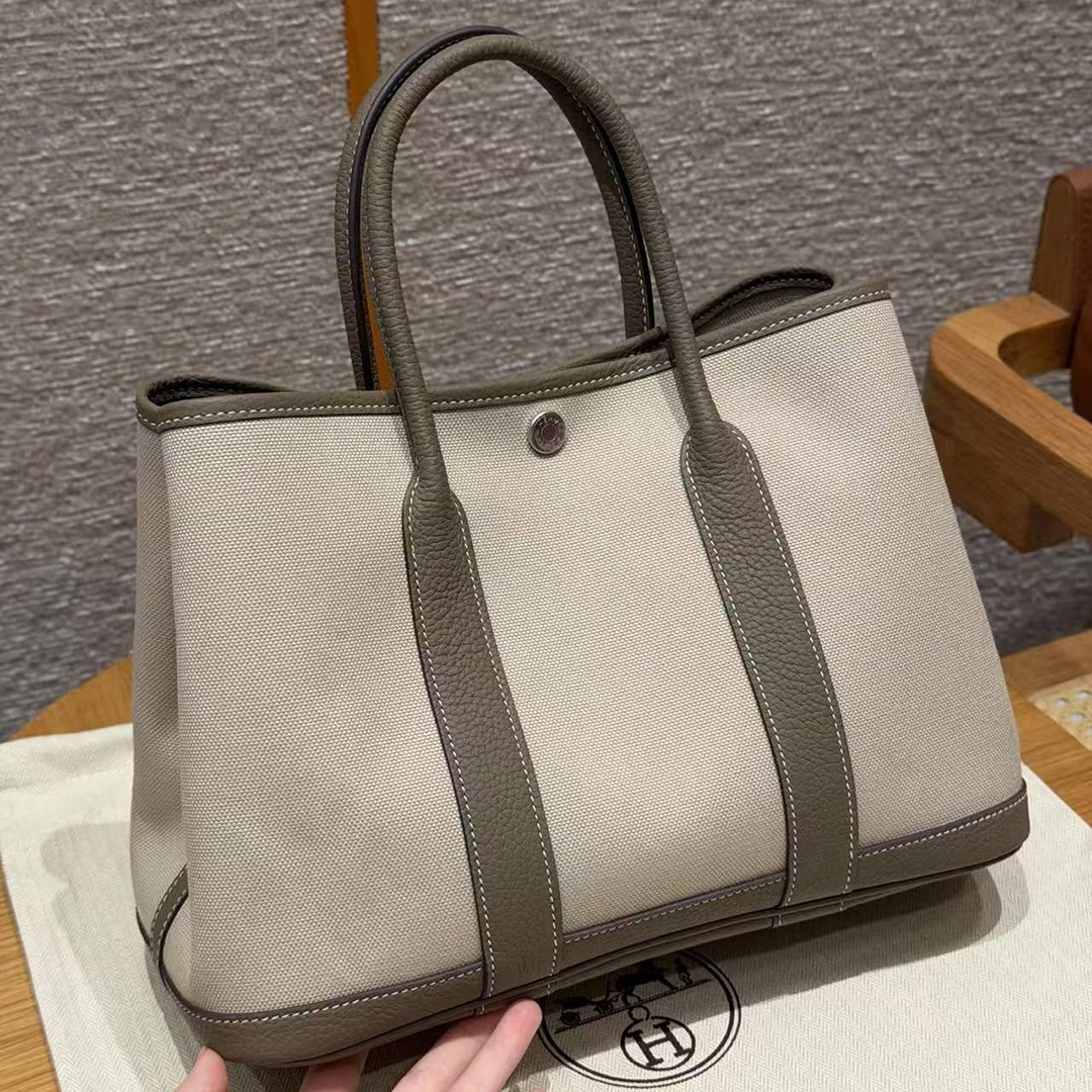 Hermes Garden Party 30 Bag Handmade In Negonda Calfskin Leather And Canvas Silver Hardware 8L Beton 18 Etoupe - Image 2