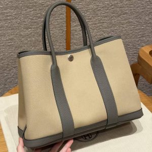 Hermes Garden Party 30 Bag Handmade In Negonda Calfskin Leather And Canvas Silver Hardware Trench Girs Meyer Bleu Tempete - Image 17