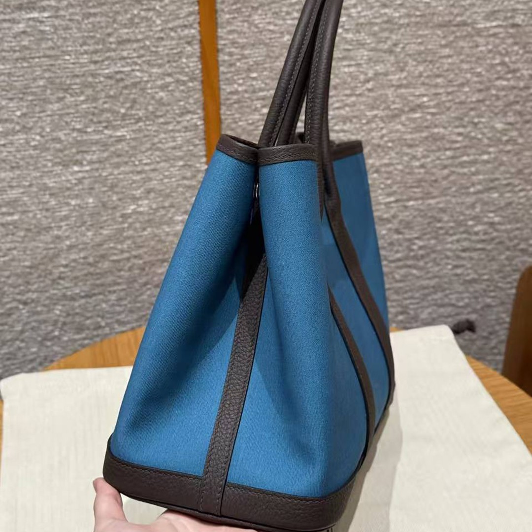 Hermes Garden Party 30 Bag Handmade In Negonda Calfskin Leather And Canvas Silver Hardware N7 Blue Tempete 46 Ebene - Image 15