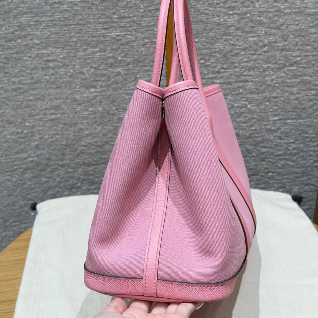Hermes Garden Party 30 Bag Handmade In Negonda Calfskin Leather And Canvas Silver Hardware L4 Bubble Gum 1Q Rose Confetti B5 Ruby - Image 17
