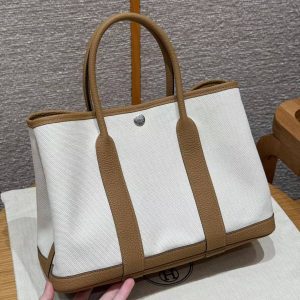 Hermes Garden Party 30 Bag Handmade In Negonda Calfskin Leather And Canvas Silver Hardware Ecru Biscuit Jaune Naples - Image 17