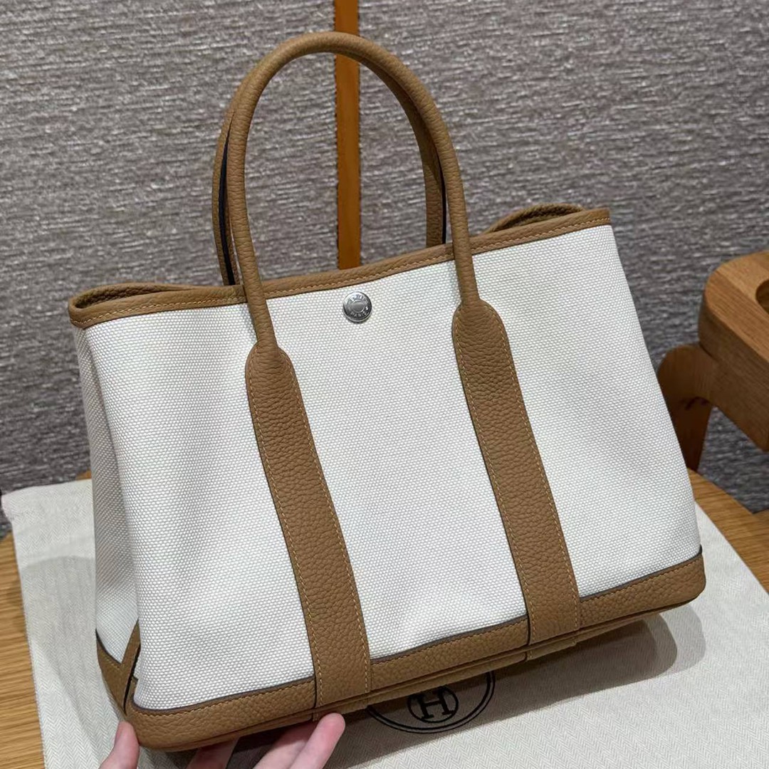 Hermes Garden Party 30 Bag Handmade In Negonda Calfskin Leather And Canvas Silver Hardware Ecru Biscuit Jaune Naples - Image 17