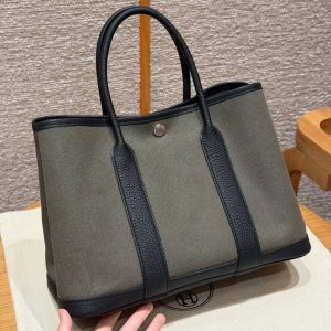 Hermes Garden Party 30 Bag Handmade In Negonda Calfskin Leather And Canvas Silver Hardware C6 Vert Girs 89 Noir - Image 16