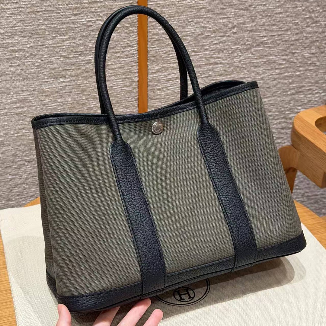 Hermes Garden Party 30 Bag Handmade In Negonda Calfskin Leather And Canvas Silver Hardware C6 Vert Girs 89 Noir - Image 16