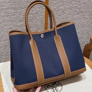 Hermes Garden Party 30 Bag Handmade In Negonda Calfskin Leather And Canvas Silver Hardware Blue Brighton Gold - Image 15