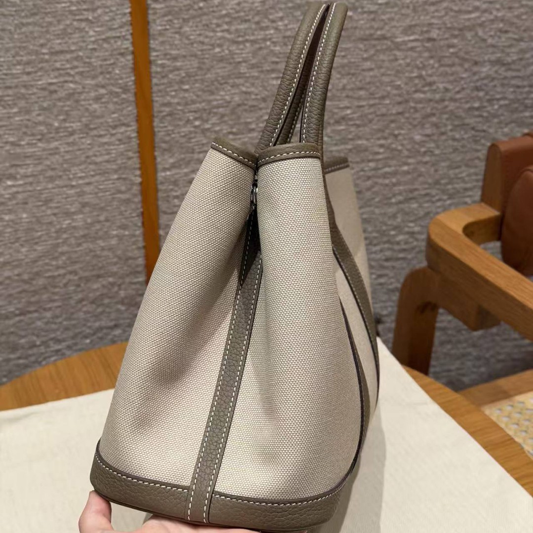 Hermes Garden Party 30 Bag Handmade In Negonda Calfskin Leather And Canvas Silver Hardware 8L Beton 18 Etoupe - Image 17