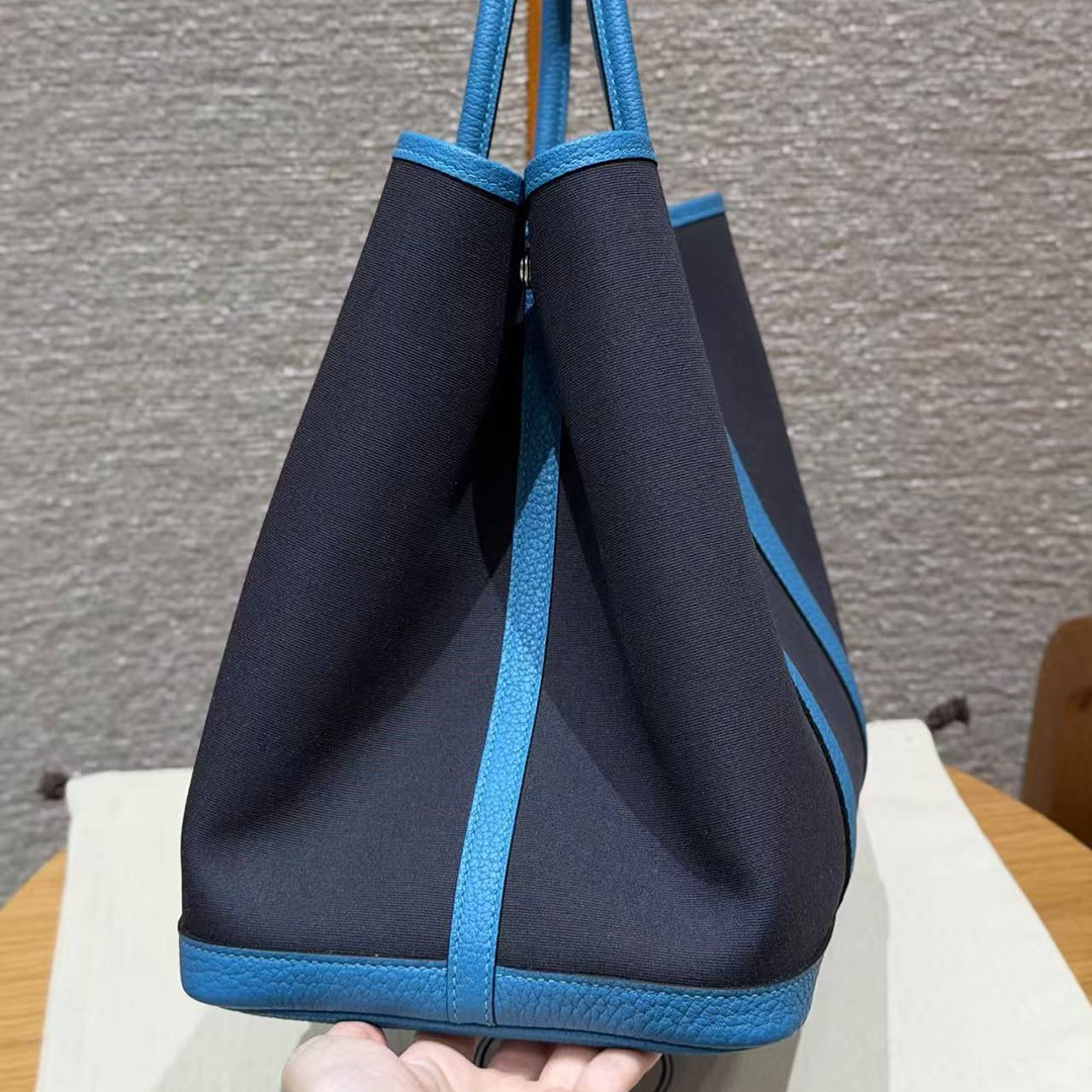 Hermes Garden Party 36 Bag Handmade In Negonda Calfskin Leather And Canvas Silver Hardware 78 Bleu Marine 7W Blue Lzmir - Image 19