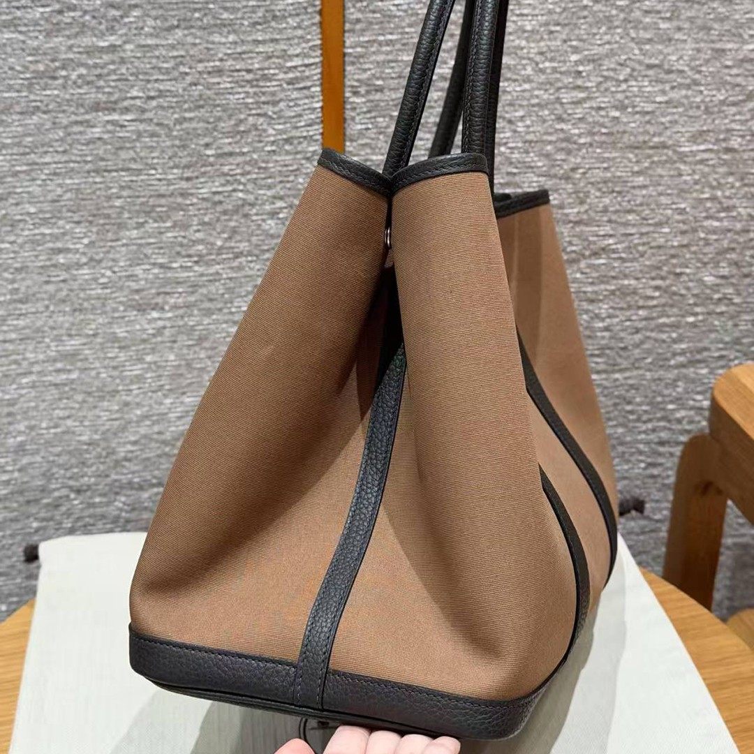 Hermes Garden Party 36 Bag Handmade In Negonda Calfskin Leather And Canvas Silver Hardware 3G Alezan 46 Ebene T7 Blue Hydra - Image 14