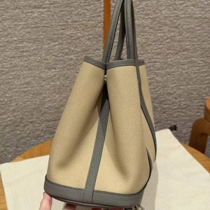 Hermes Garden Party 30 Bag Handmade In Negonda Calfskin Leather And Canvas Silver Hardware Trench Girs Meyer Bleu Tempete - Image 16