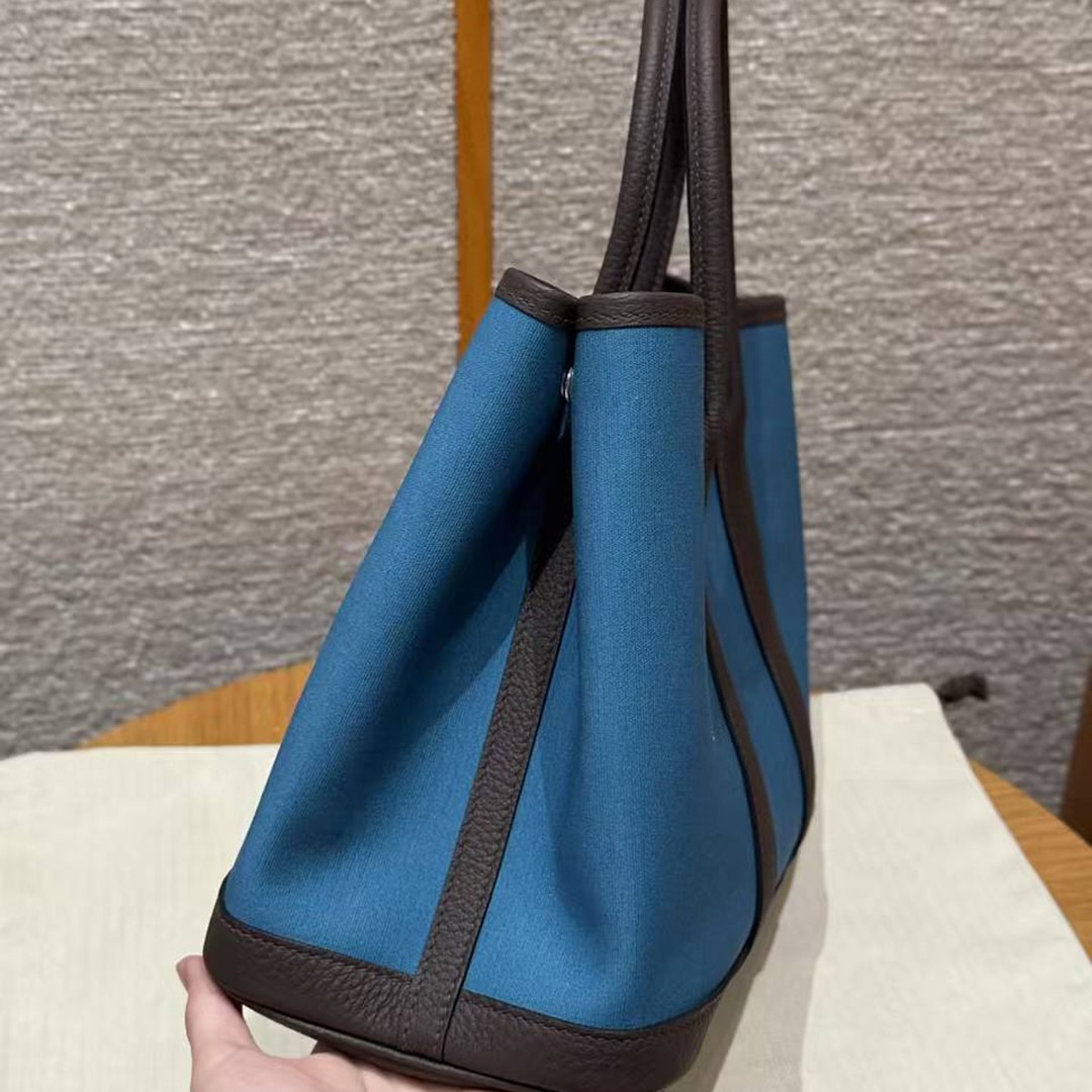 Hermes Garden Party 30 Bag Handmade In Negonda Calfskin Leather And Canvas Silver Hardware N7 Blue Tempete 46 Ebene - Image 14