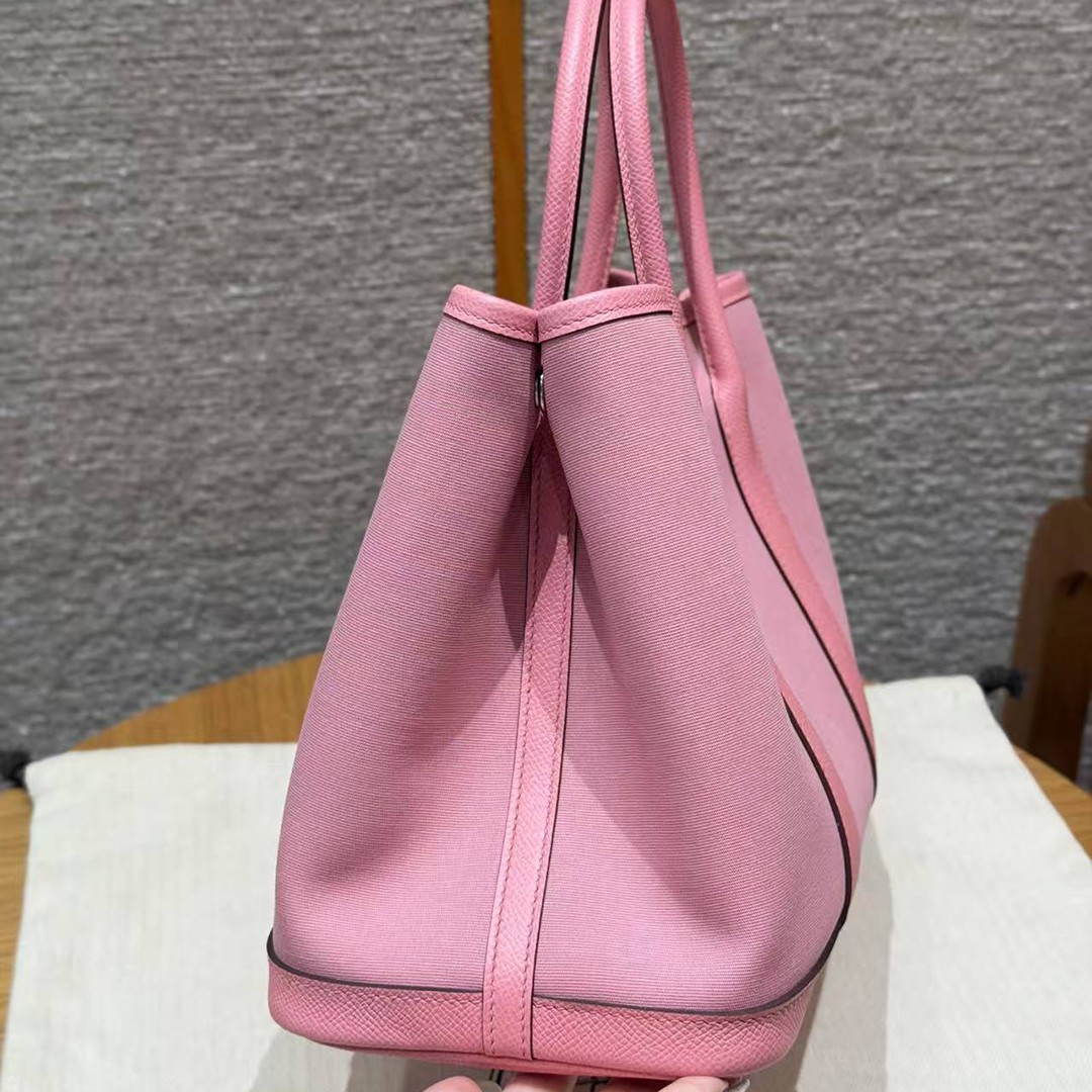 Hermes Garden Party 30 Bag Handmade In Negonda Calfskin Leather And Canvas Silver Hardware L4 Bubble Gum 1Q Rose Confetti B5 Ruby - Image 16