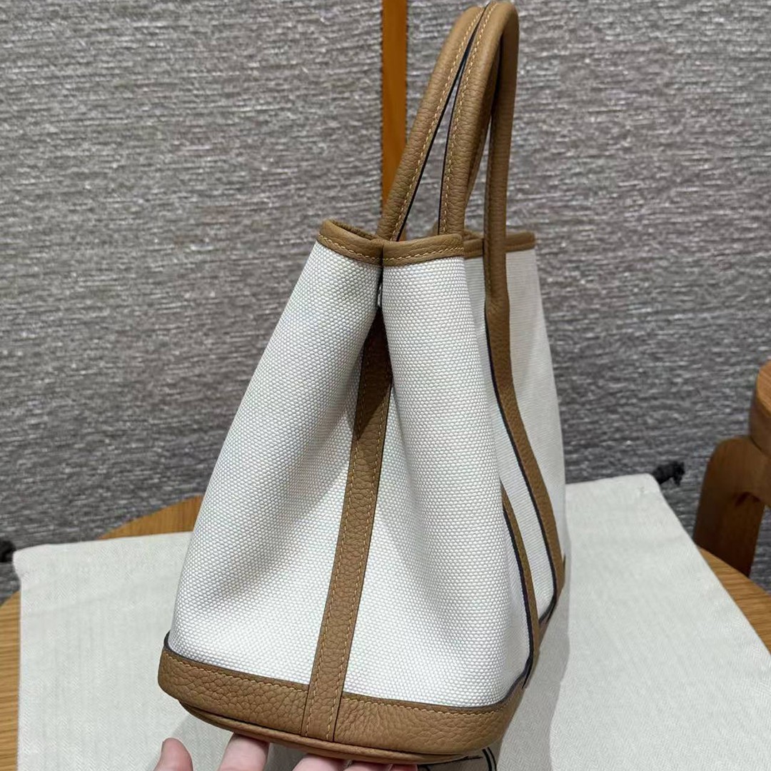 Hermes Garden Party 30 Bag Handmade In Negonda Calfskin Leather And Canvas Silver Hardware Ecru Biscuit Jaune Naples - Image 16