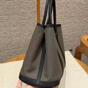 Hermes Garden Party 30 Bag Handmade In Negonda Calfskin Leather And Canvas Silver Hardware C6 Vert Girs 89 Noir - Image 15