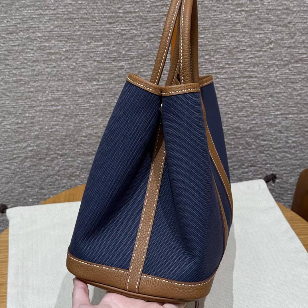 Hermes Garden Party 30 Bag Handmade In Negonda Calfskin Leather And Canvas Silver Hardware Blue Brighton Gold - Image 14