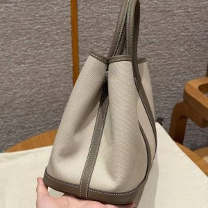 Hermes Garden Party 30 Bag Handmade In Negonda Calfskin Leather And Canvas Silver Hardware 8L Beton 18 Etoupe - Image 16
