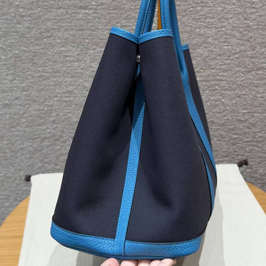 Hermes Garden Party 36 Bag Handmade In Negonda Calfskin Leather And Canvas Silver Hardware 78 Bleu Marine 7W Blue Lzmir - Image 18