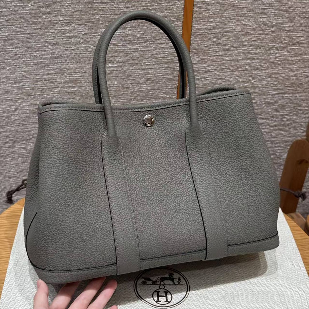 Hermes Garden Party 30 Bag Handmade In Negonda Calfskin Leather Silver Hardware 0L Gris Meyer