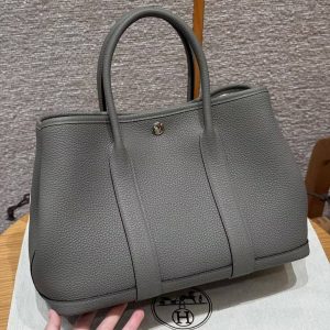 Hermes Garden Party 30 Bag Handmade In Negonda Calfskin Leather Silver Hardware 0L Gris Meyer - Image 2