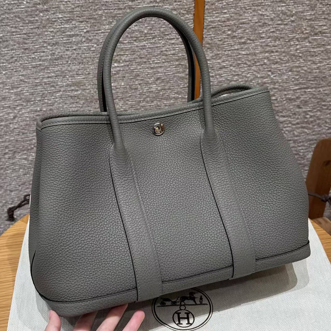 Hermes Garden Party 30 Bag Handmade In Negonda Calfskin Leather Silver Hardware 0L Gris Meyer - Image 2