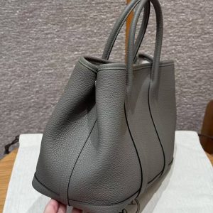 Hermes Garden Party 30 Bag Handmade In Negonda Calfskin Leather Silver Hardware 0L Gris Meyer - Image 21