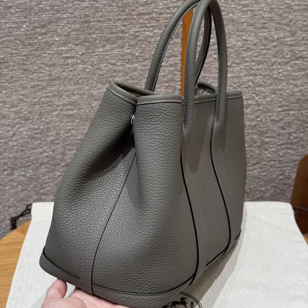 Hermes Garden Party 30 Bag Handmade In Negonda Calfskin Leather Silver Hardware 0L Gris Meyer - Image 20