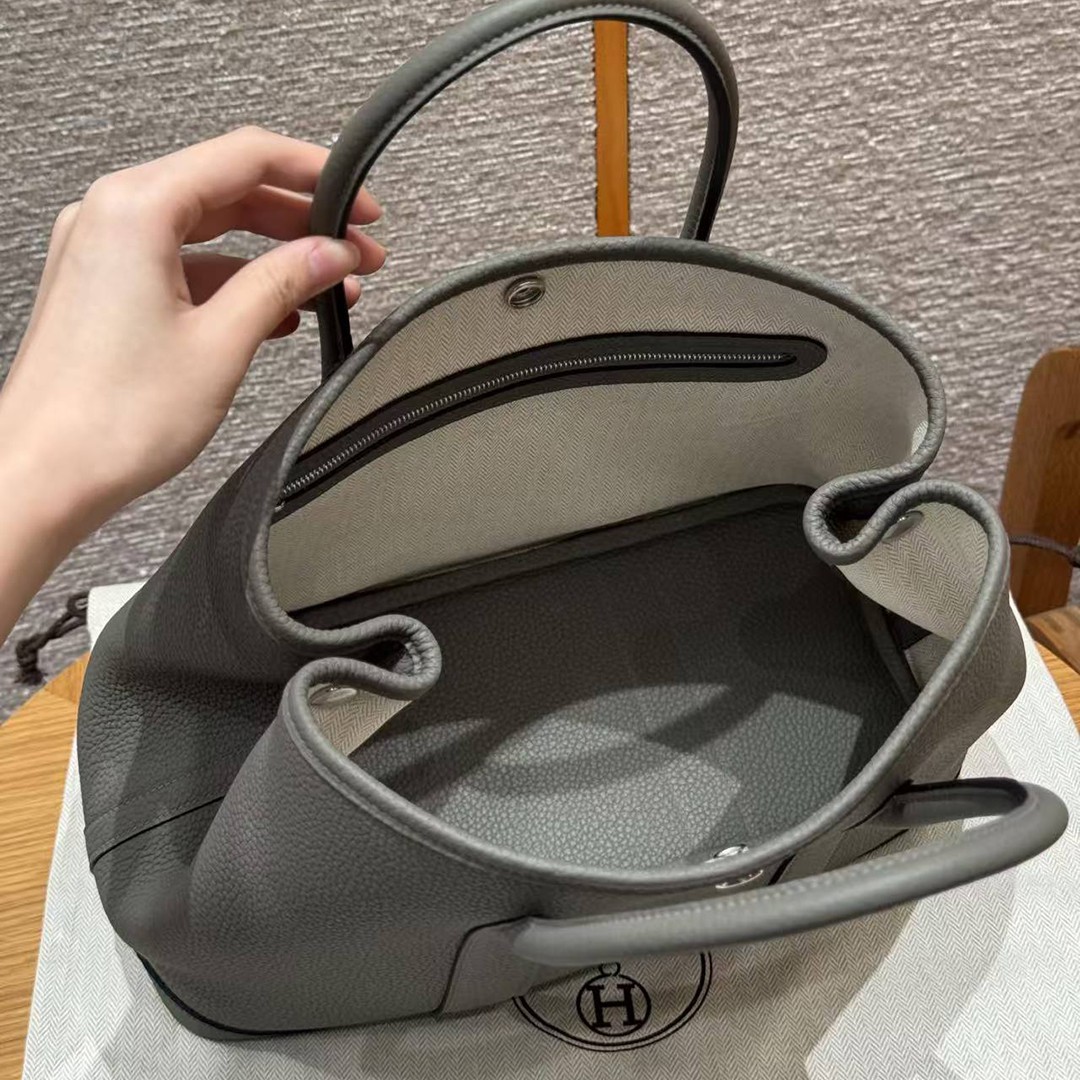 Hermes Garden Party 30 Bag Handmade In Negonda Calfskin Leather Silver Hardware 0L Gris Meyer - Image 18