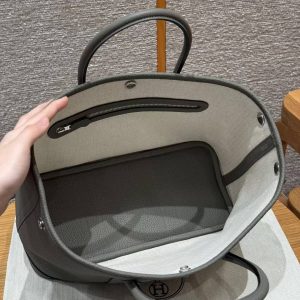 Hermes Garden Party 30 Bag Handmade In Negonda Calfskin Leather Silver Hardware 0L Gris Meyer - Image 17