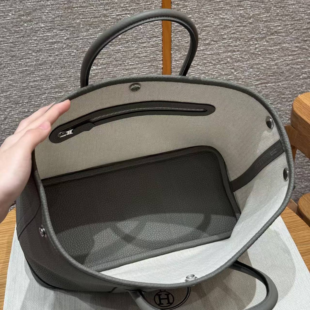 Hermes Garden Party 30 Bag Handmade In Negonda Calfskin Leather Silver Hardware 0L Gris Meyer - Image 17
