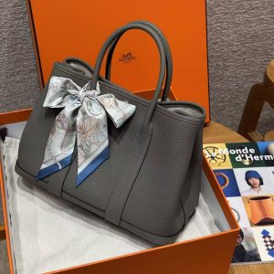 Hermes Garden Party 30 Bag Handmade In Negonda Calfskin Leather Silver Hardware 0L Gris Meyer - Image 5
