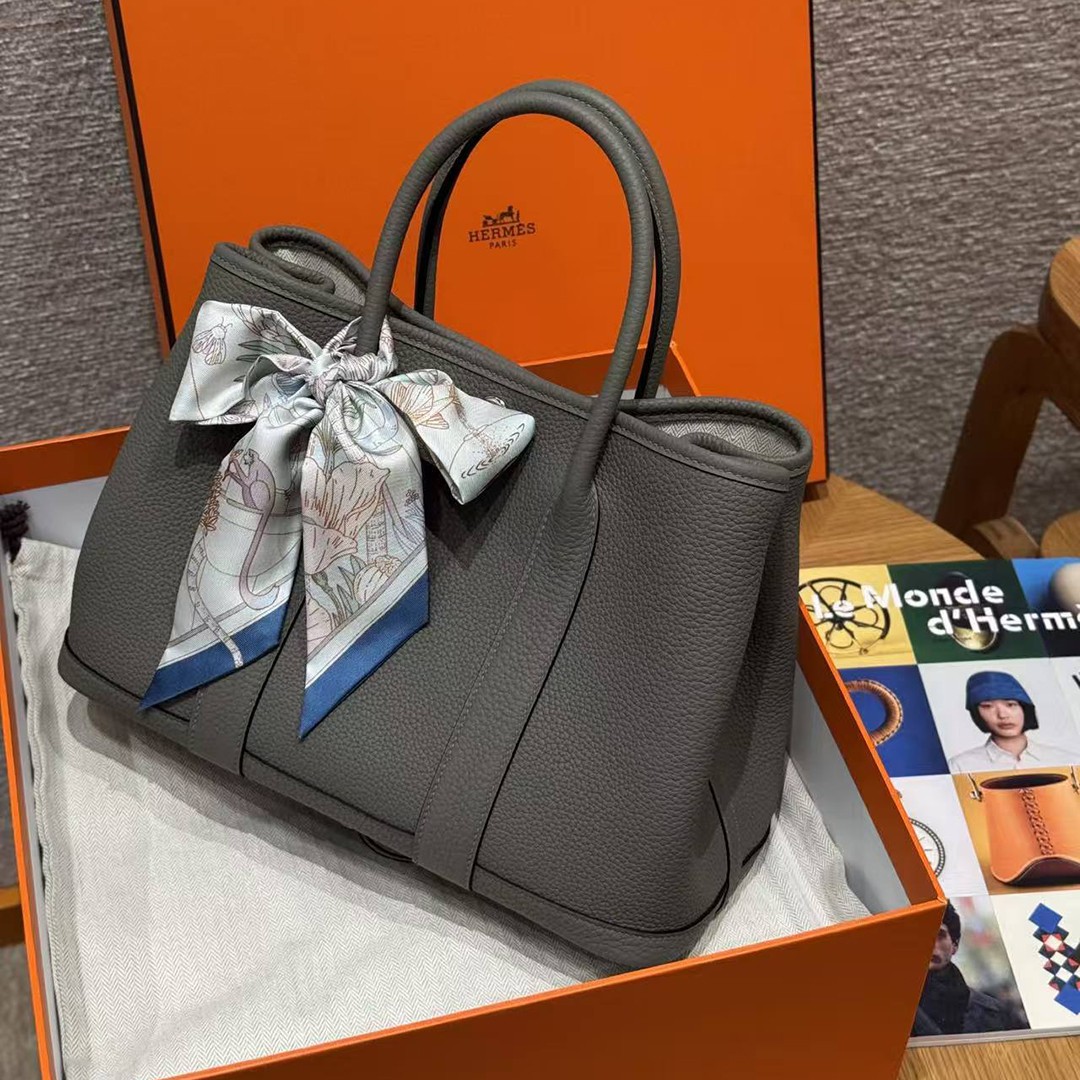 Hermes Garden Party 30 Bag Handmade In Negonda Calfskin Leather Silver Hardware 0L Gris Meyer - Image 5