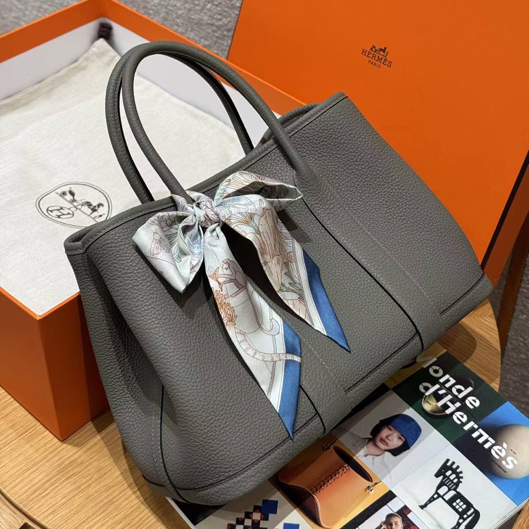Hermes Garden Party 30 Bag Handmade In Negonda Calfskin Leather Silver Hardware 0L Gris Meyer - Image 4