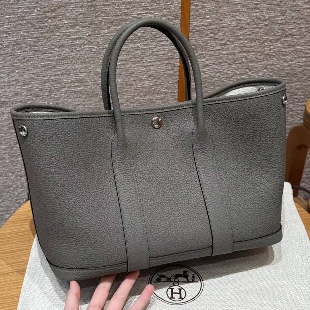 Hermes Garden Party 30 Bag Handmade In Negonda Calfskin Leather Silver Hardware 0L Gris Meyer - Image 3