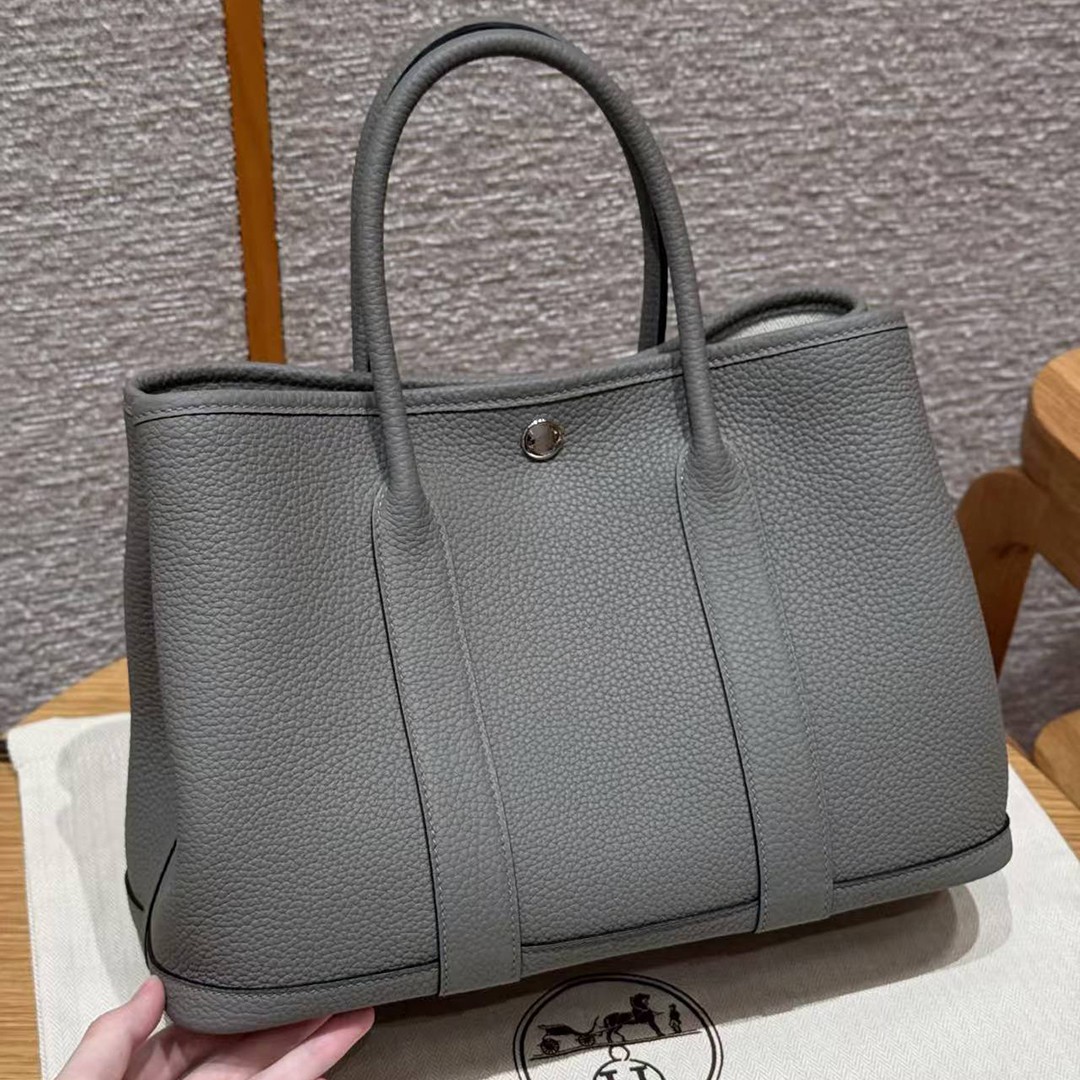 Hermes Garden Party 30 Bag Handmade In Negonda Calfskin Leather Silver Hardware 0L Gris Neyer