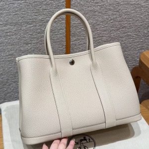 Hermes Garden Party 30 Bag Handmade In Negonda Calfskin Leather Silver Hardware 10 Craie - Image 2