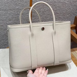 Hermes Garden Party 30 Bag Handmade In Negonda Calfskin Leather Silver Hardware 10 Craie - Image 13