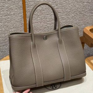 Hermes Garden Party 30 Bag Handmade In Negonda Calfskin Leather Silver Hardware 18 Etoupe - Image 2