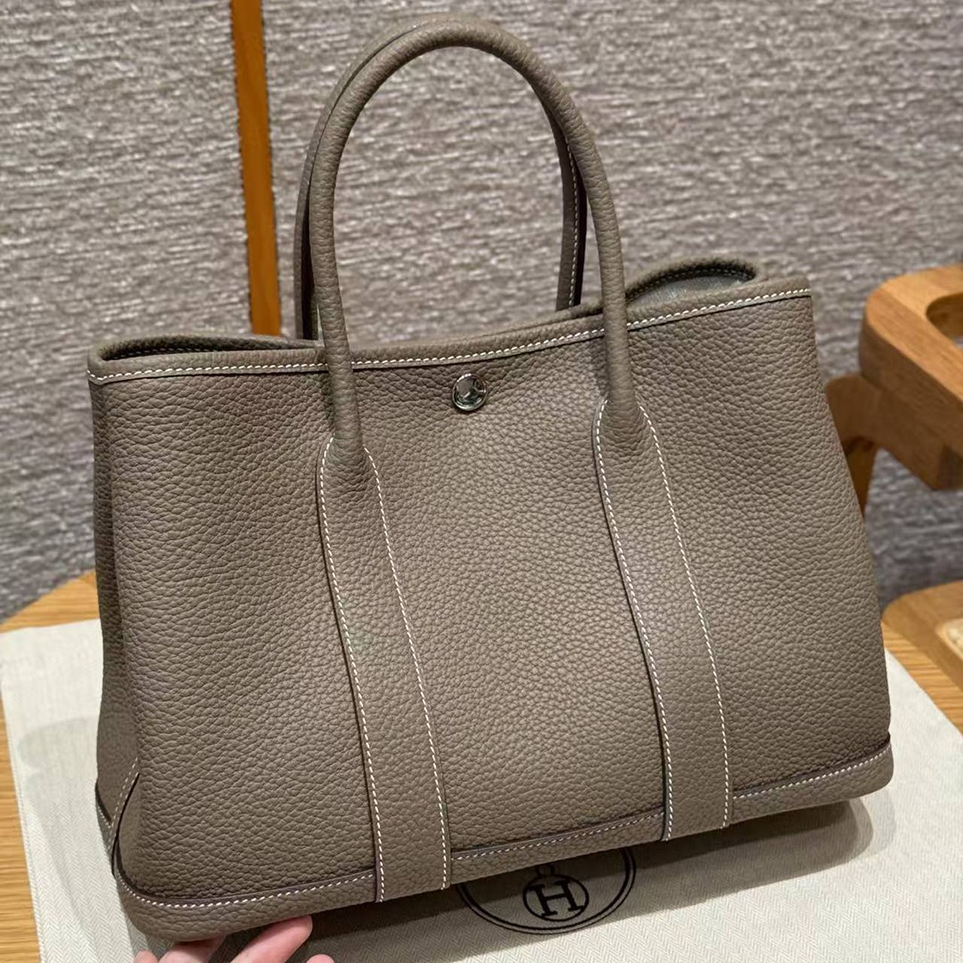 Hermes Garden Party 30 Bag Handmade In Negonda Calfskin Leather Silver Hardware 18 Etoupe - Image 2