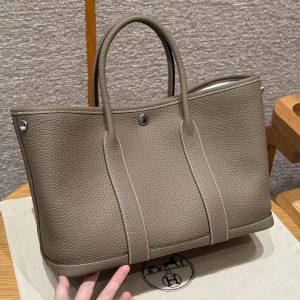 Hermes Garden Party 30 Bag Handmade In Negonda Calfskin Leather Silver Hardware 18 Etoupe - Image 24