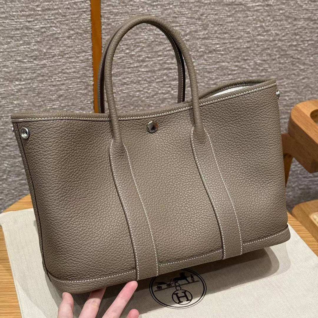 Hermes Garden Party 30 Bag Handmade In Negonda Calfskin Leather Silver Hardware 18 Etoupe - Image 24