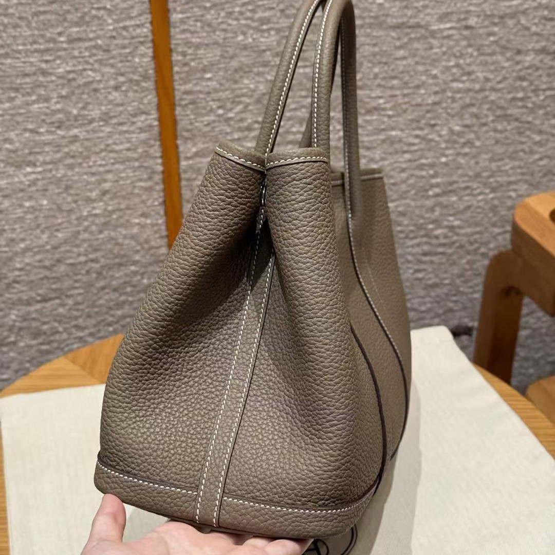 Hermes Garden Party 30 Bag Handmade In Negonda Calfskin Leather Silver Hardware 18 Etoupe - Image 23