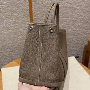 Hermes Garden Party 30 Bag Handmade In Negonda Calfskin Leather Silver Hardware 18 Etoupe - Image 22