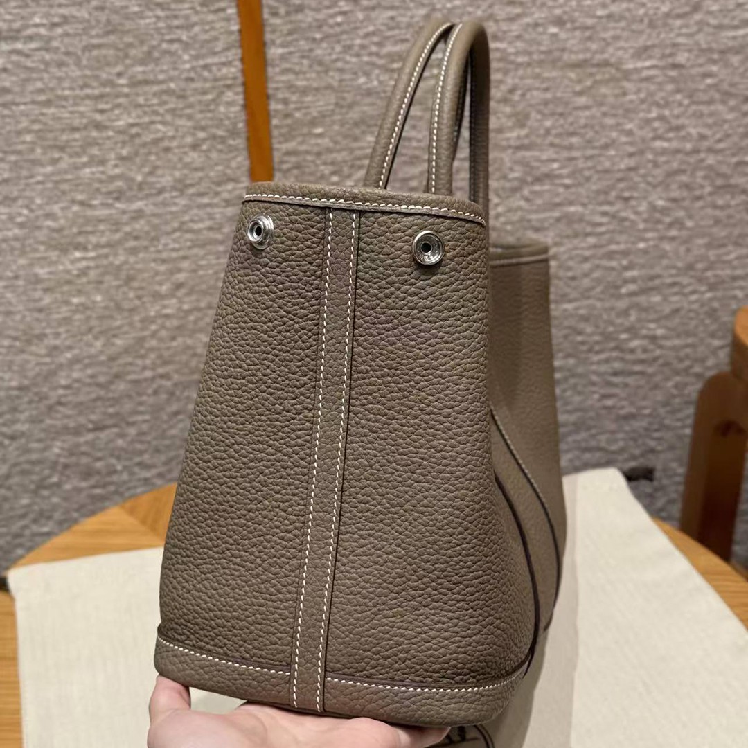 Hermes Garden Party 30 Bag Handmade In Negonda Calfskin Leather Silver Hardware 18 Etoupe - Image 22