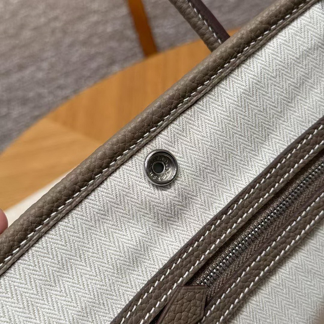 Hermes Garden Party 30 Bag Handmade In Negonda Calfskin Leather Silver Hardware 18 Etoupe - Image 19