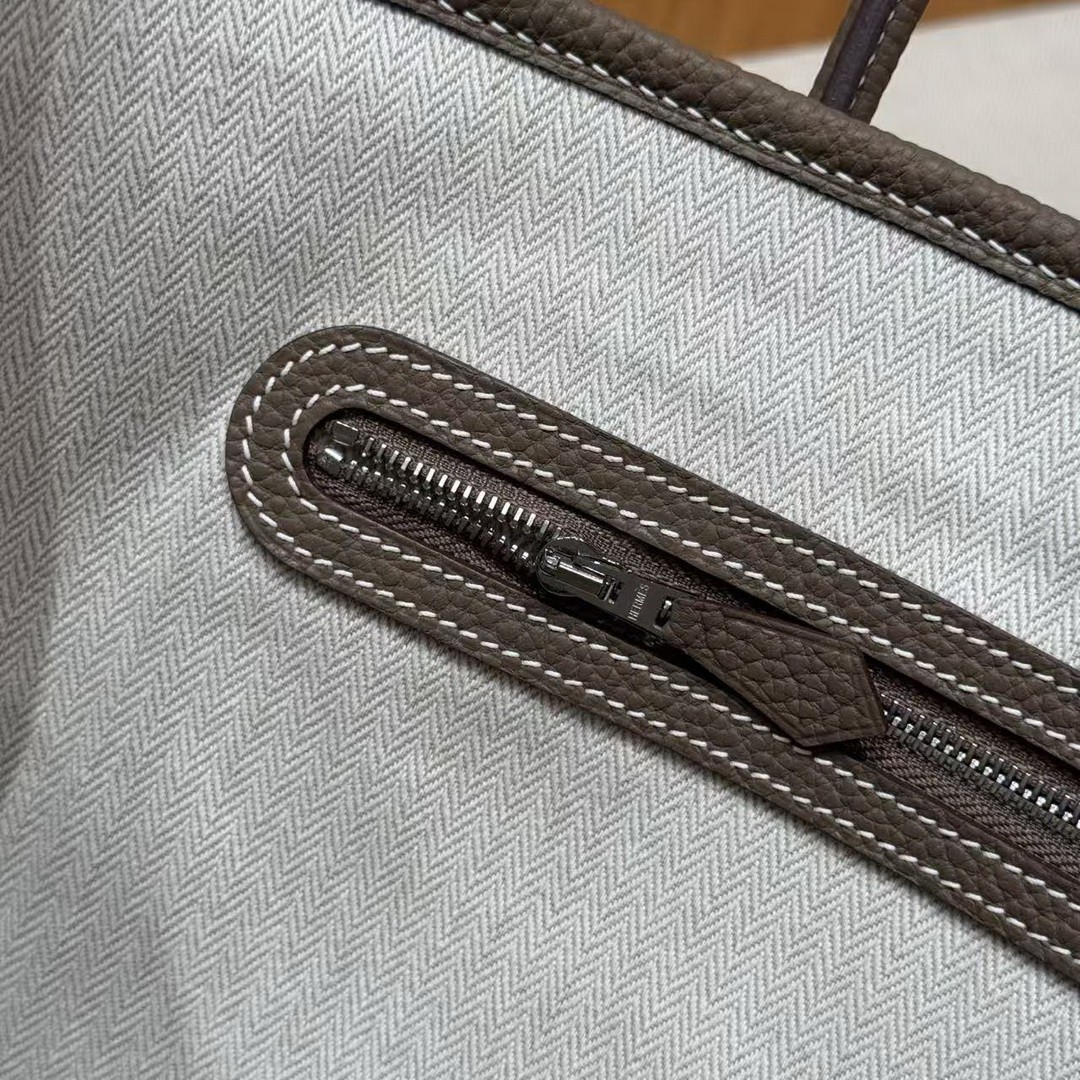 Hermes Garden Party 30 Bag Handmade In Negonda Calfskin Leather Silver Hardware 18 Etoupe - Image 18