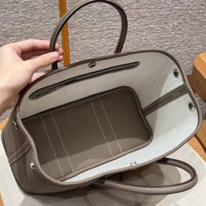 Hermes Garden Party 30 Bag Handmade In Negonda Calfskin Leather Silver Hardware 18 Etoupe - Image 16