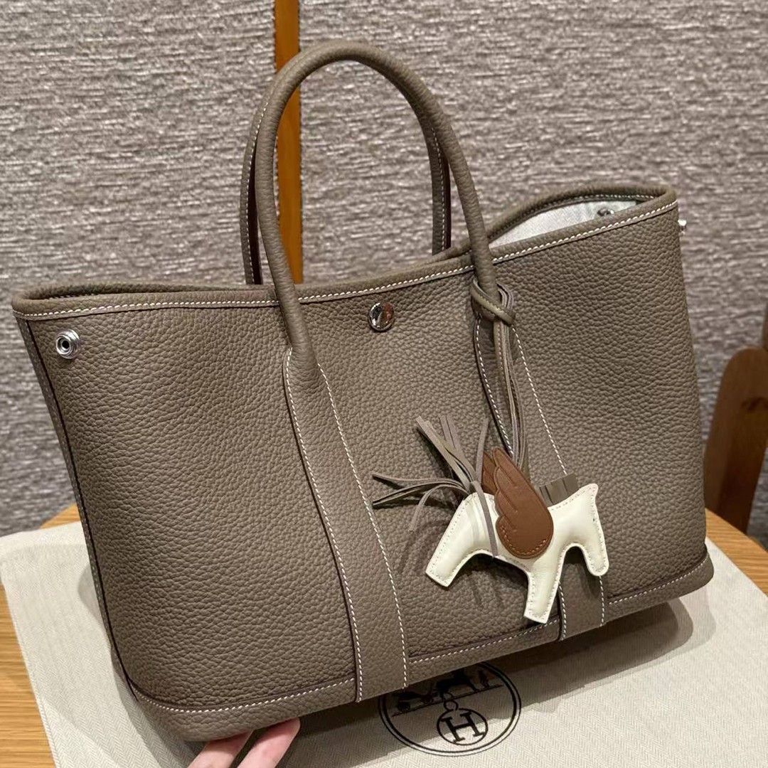 Hermes Garden Party 30 Bag Handmade In Negonda Calfskin Leather Silver Hardware 18 Etoupe