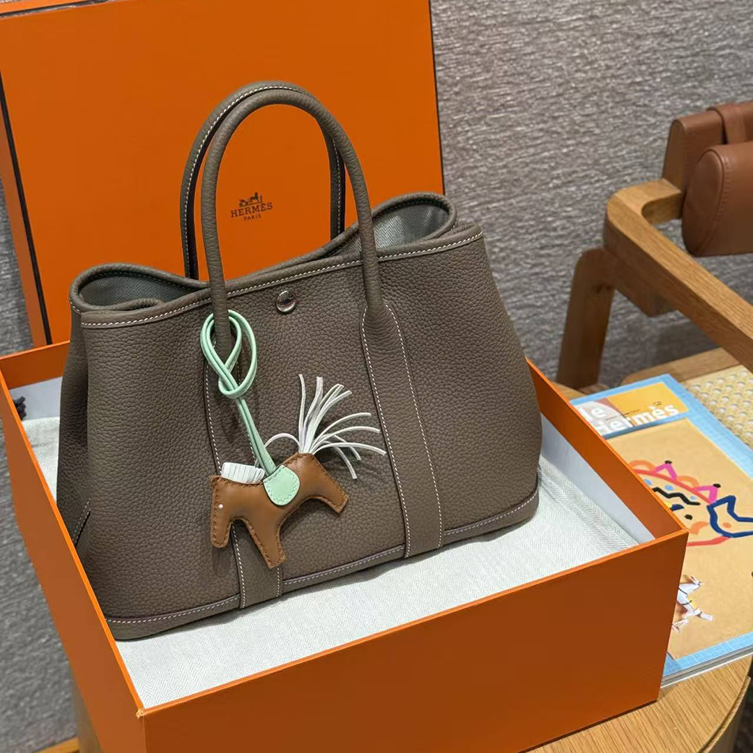 Hermes Garden Party 30 Bag Handmade In Negonda Calfskin Leather Silver Hardware 18 Etoupe - Image 9