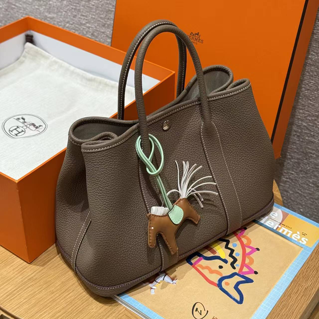 Hermes Garden Party 30 Bag Handmade In Negonda Calfskin Leather Silver Hardware 18 Etoupe - Image 8